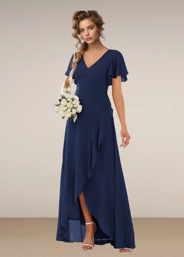 Theresa | Champagne and Royal Blue Plus Size A Line ruffle Prom Dress with Slit - Navy Blue - PromDressClub