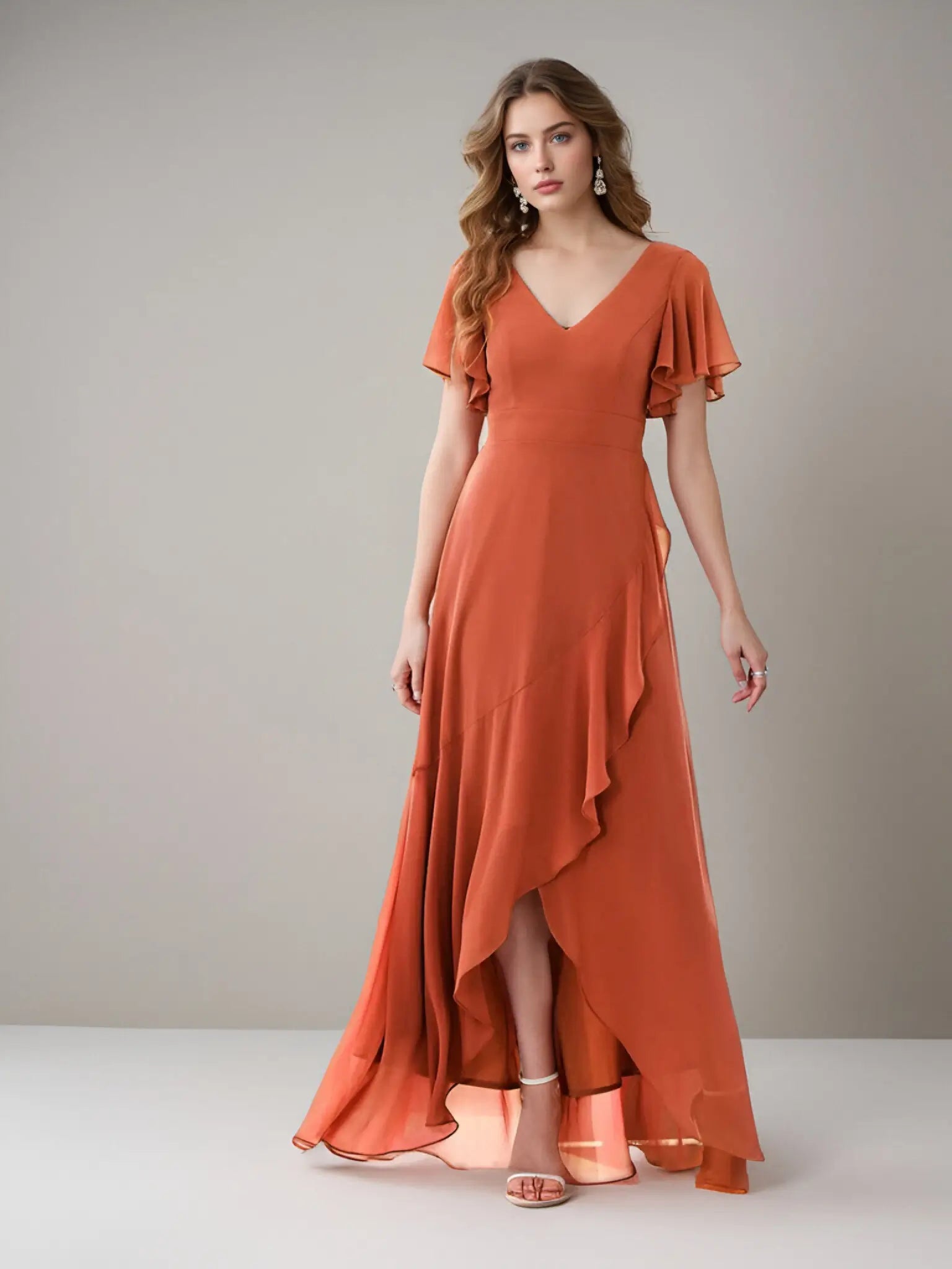 Theresa |A - Line V - Neck Floor - Length Chiffon Long Evening Dress With Cascading Ruffles - Orange - US0 - PromDressClub