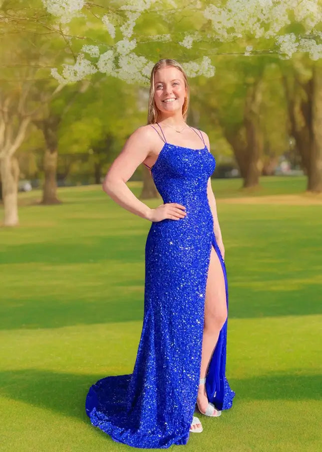 Julia |Sheath/Column Sparkle Square Tiffany Royal Blue Slit Long Prom Dress with Sequins - Royal Blue - US0 - PromDressClub