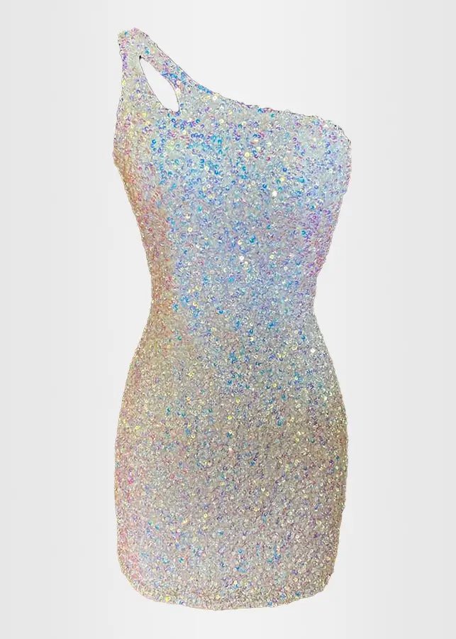 Modesty |Bodycon Stunning One Shoulder White Sequin Mini Dress - White - PromDressClub