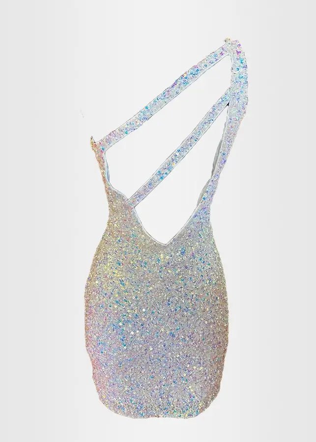 Modesty |Bodycon Stunning One Shoulder White Sequin Mini Dress - White - PromDressClub