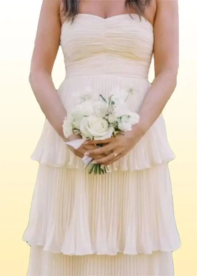 Judith | Green Prom Dress Long A Line Strapless Multi - Layer with Ruffle - White - PromDressClub