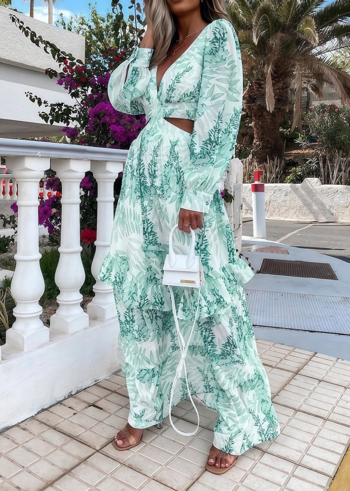 A Line Green Floral Long Sleeve V Neck Formal Dress with Ruffles - Light Green Floral - PromDressClub