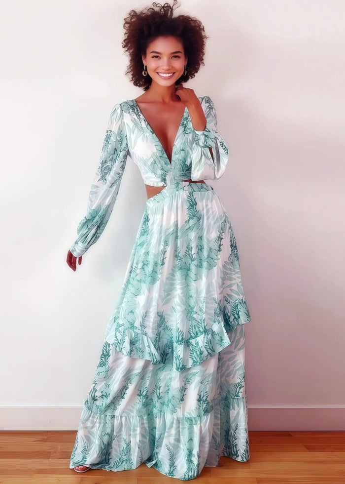A Line Green Floral Long Sleeve V Neck Formal Dress with Ruffles - Light Green Floral - PromDressClub