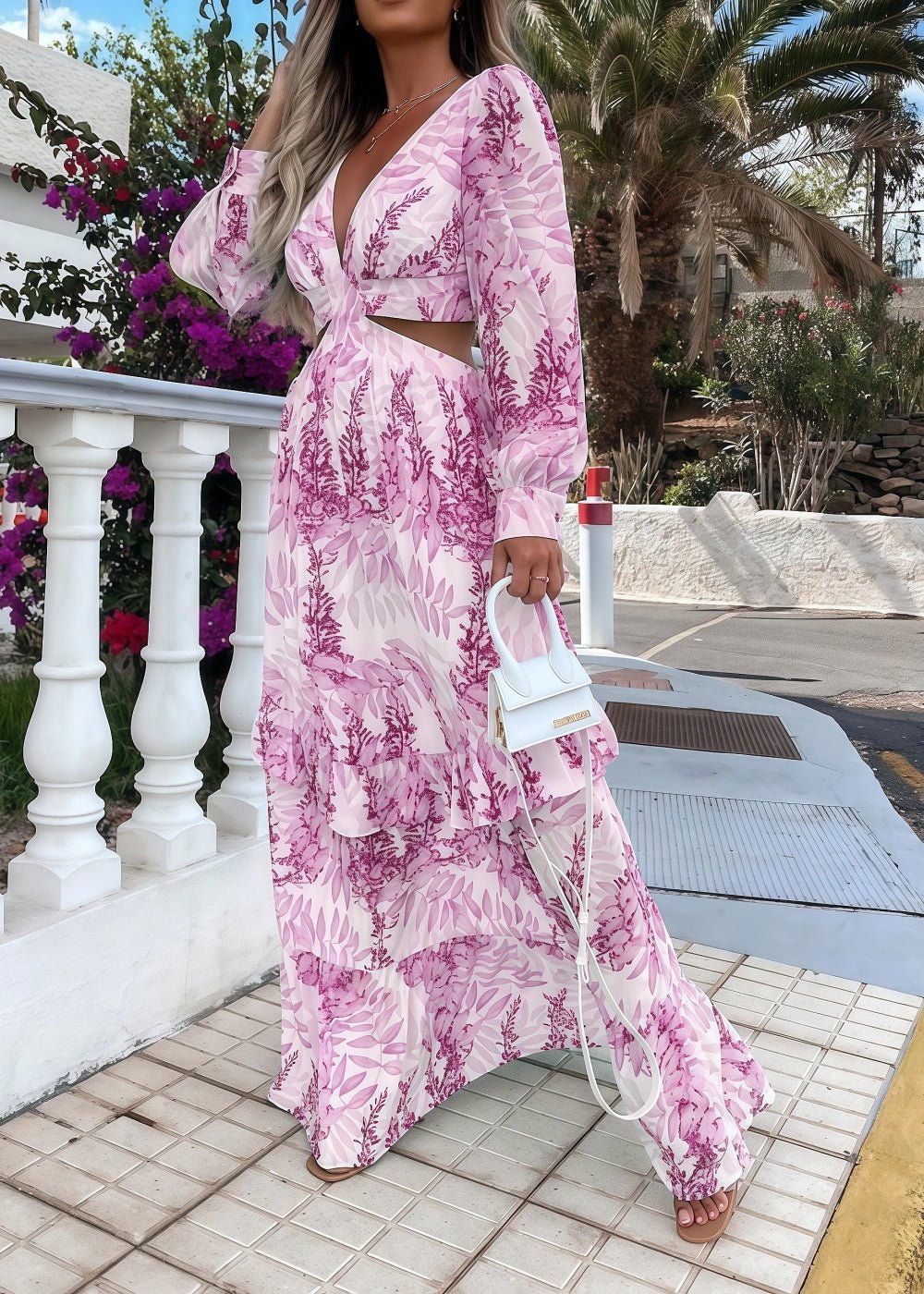 A Line Green Floral Long Sleeve V Neck Formal Dress with Ruffles - Lilac Floral - PromDressClub