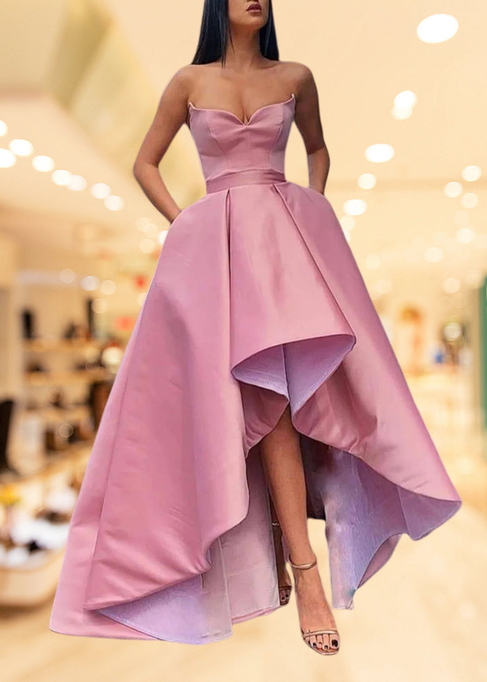 Christie | Red Blue A Line High Low Strapless Prom Dress with Slit - Pink - PromDressClub