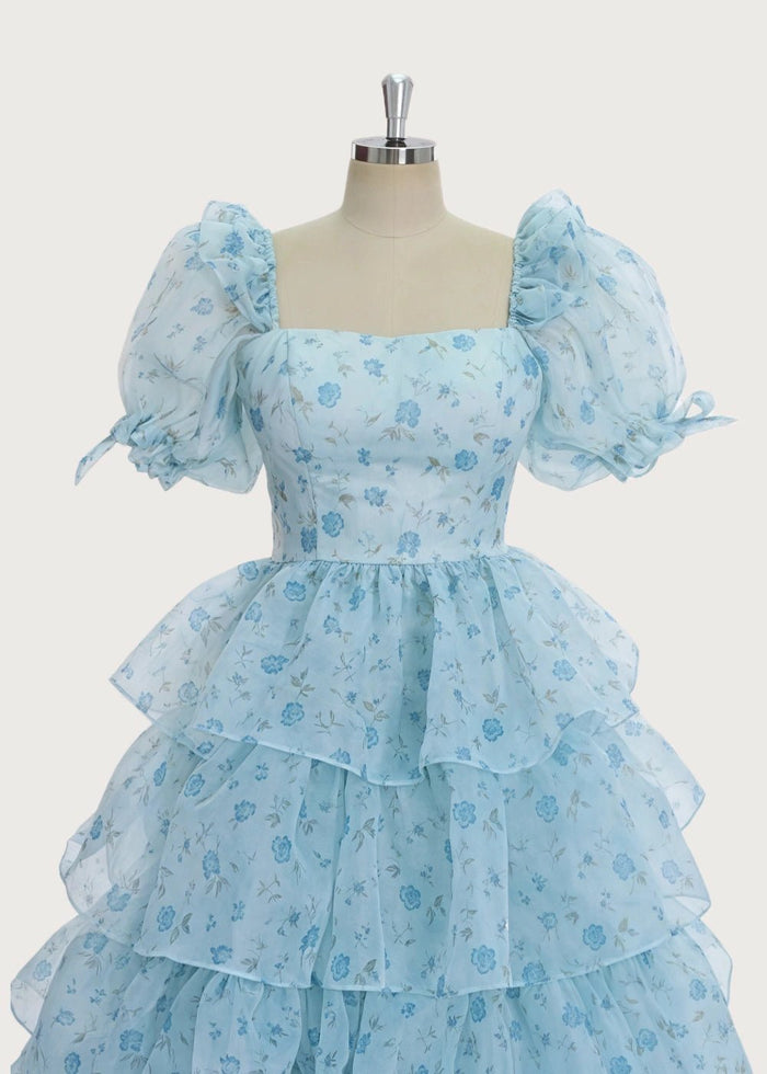 A Line Light Blue Floral Puff Sleeve Ruffle Maxi Formal Dress - Light Blue Floral - PromDressClub