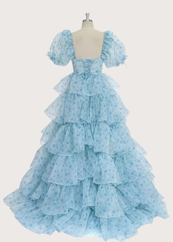 A Line Light Blue Floral Puff Sleeve Ruffle Maxi Formal Dress - Light Blue Floral - PromDressClub