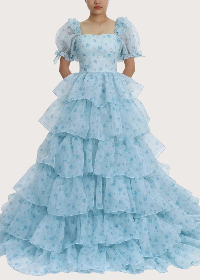 A Line Light Blue Floral Puff Sleeve Ruffle Maxi Formal Dress - Light Blue Floral - PromDressClub