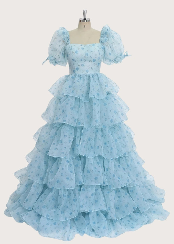 A Line Light Blue Floral Puff Sleeve Ruffle Maxi Formal Dress - Light Blue Floral - PromDressClub