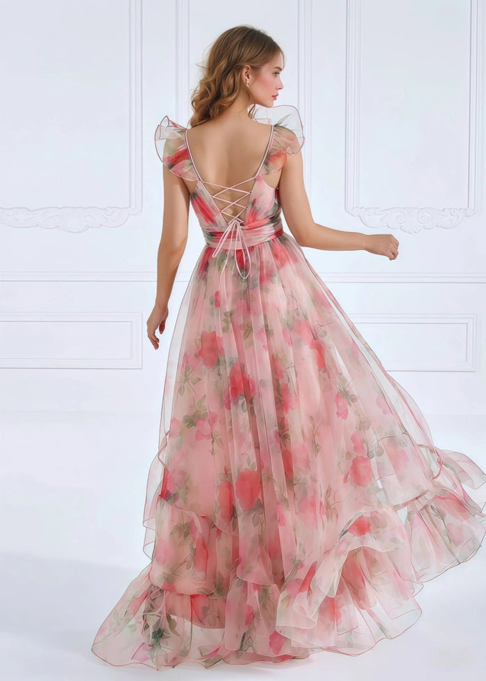 Alexandra | A Line Light Pink Floral High Low Formal Dress - Light Pink Floral - PromDressClub