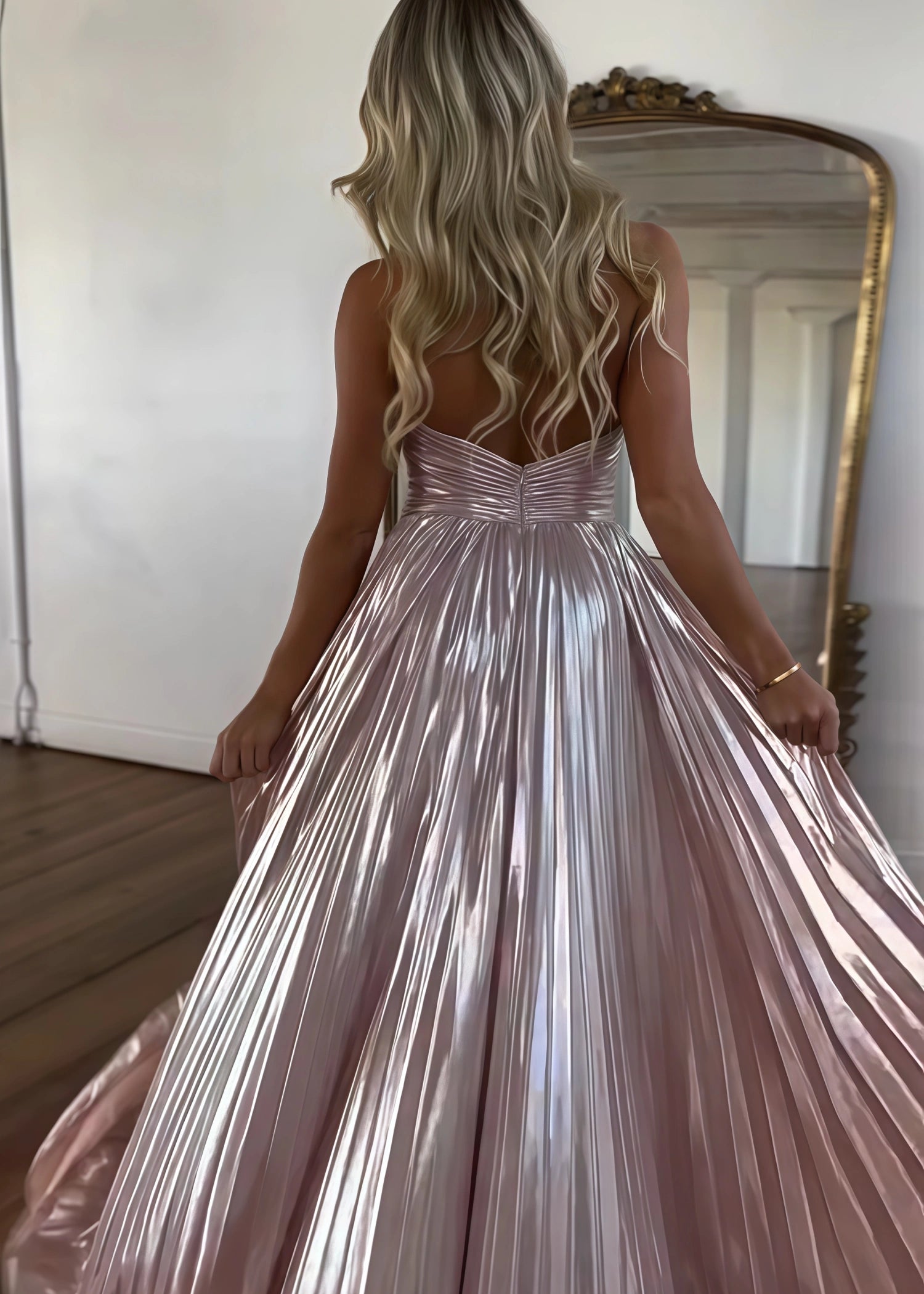 A - Line Metallic Blush Long Prom Dress With Halter Neck Pleated Slit - Blush - US0 - PromDressClub