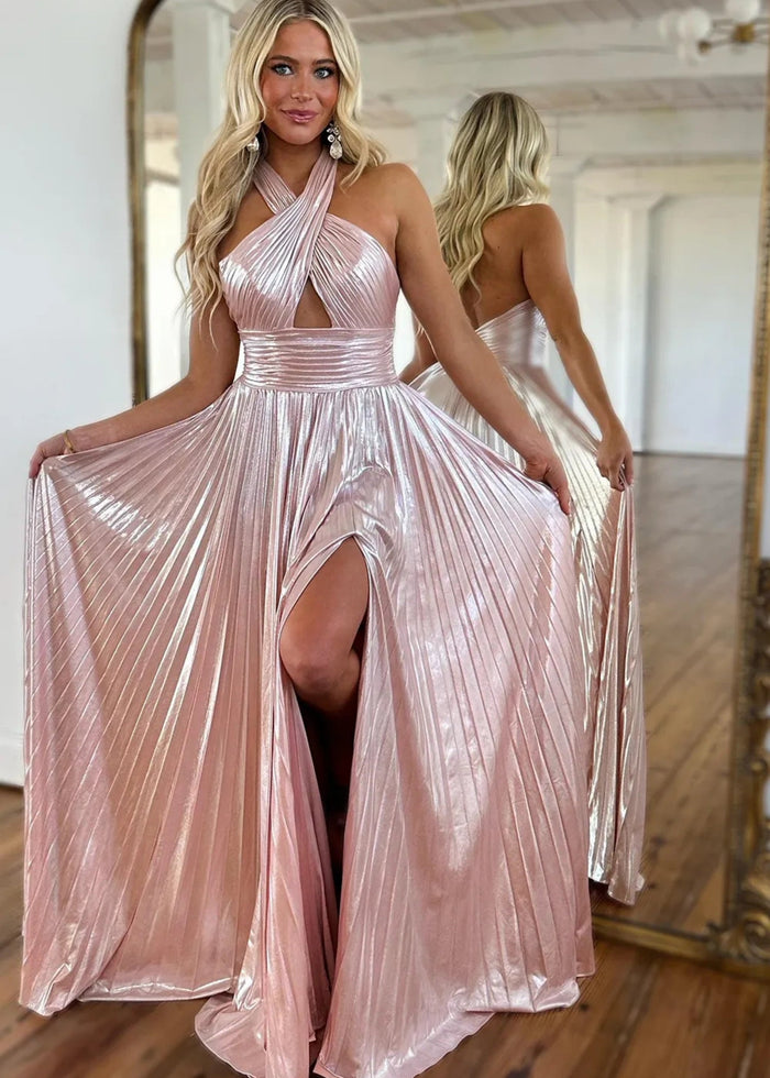 Edwina |A - Line Metallic Blush Long Prom Dress With Halter Neck Pleated Slit - Blush - PromDressClub