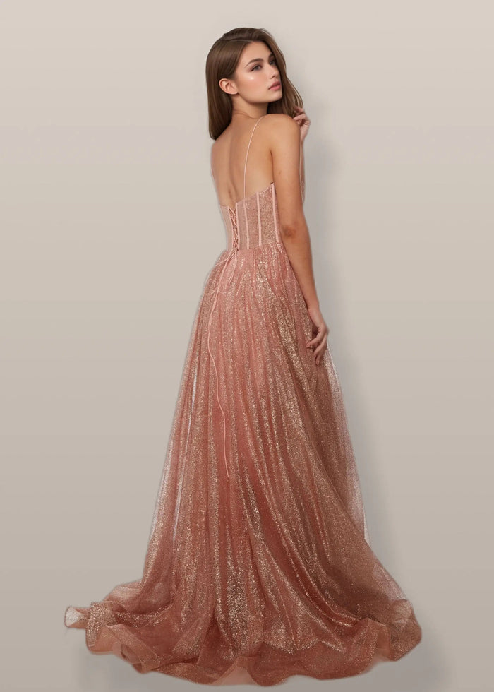 Valentina | Glitter Royal Blue A Line Metallic Prom Dress with Slit - Rose Gold - PromDressClub