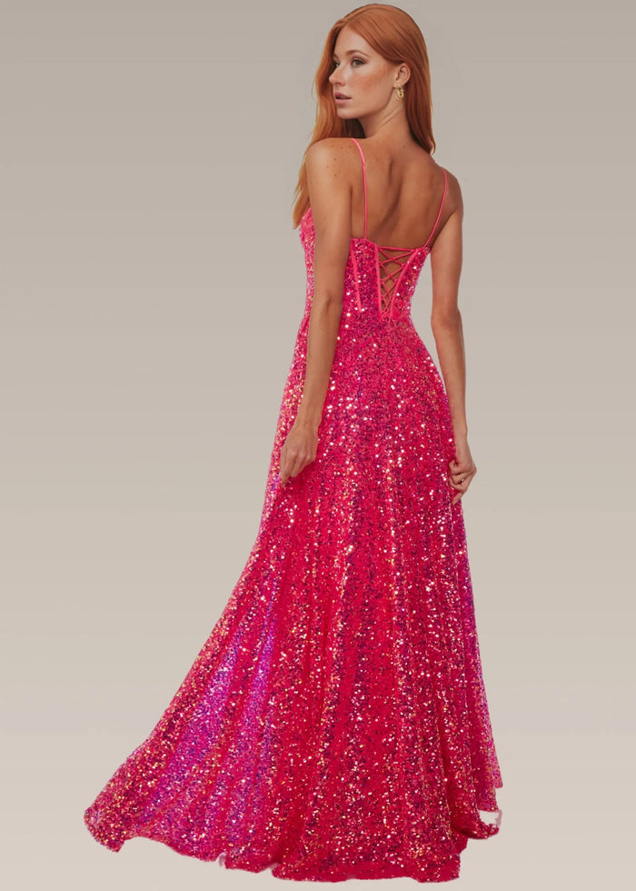 Tina | Red Sequin A Line Corset Backless Prom Dress with Slit - Red - PromDressClub