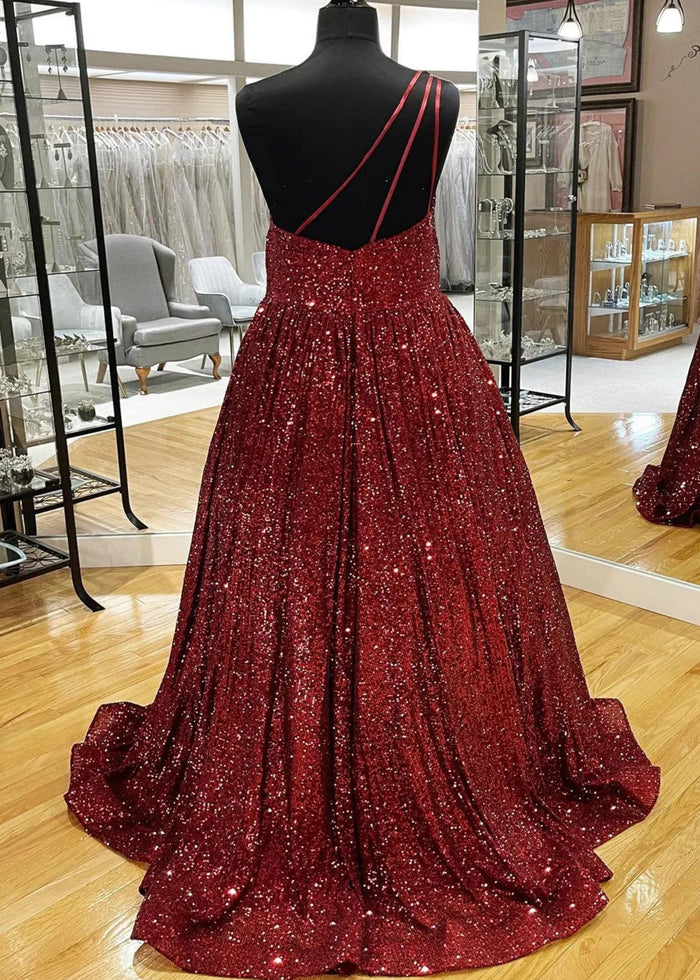 Christie | A Line/Princess Plus Size Orange Seuquin Backless One Shoulder Prom Dress - Burgundy - PromDressClub