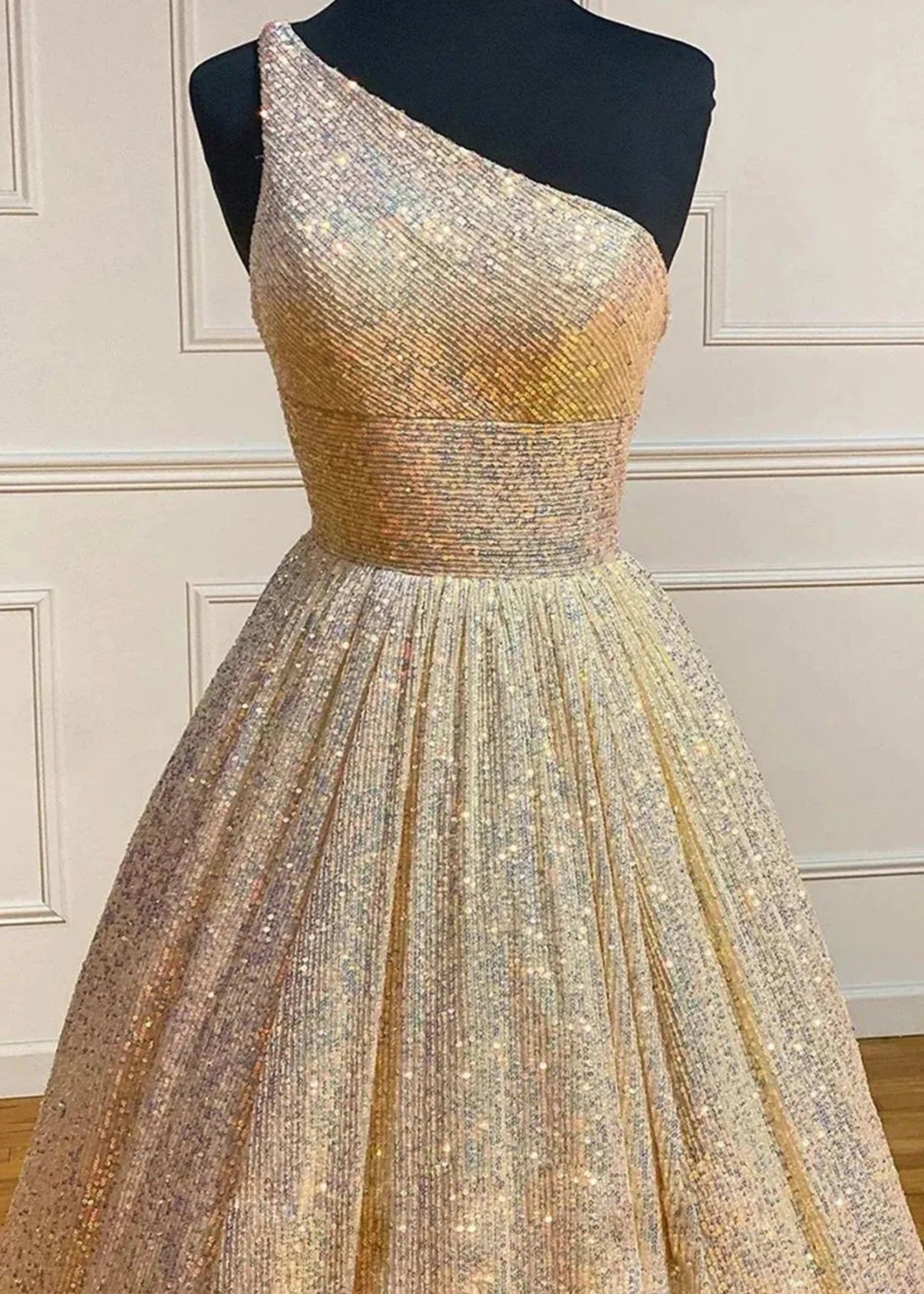 Christie |A - Line Sparkly One Shoulder Sequins Blue Plus Size Long Prom Dress - Gold - US0 - PromDressClub