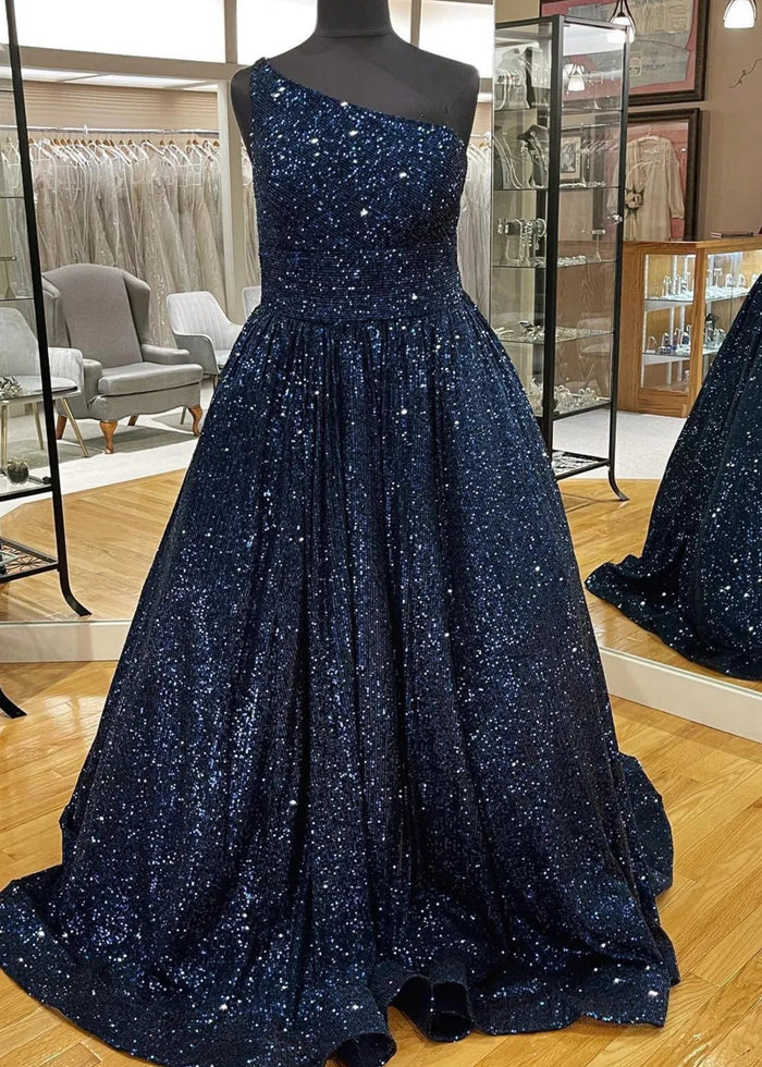 Christie | A Line/Princess Plus Size Orange Seuquin Backless One Shoulder Prom Dress - Navy Blue - PromDressClub