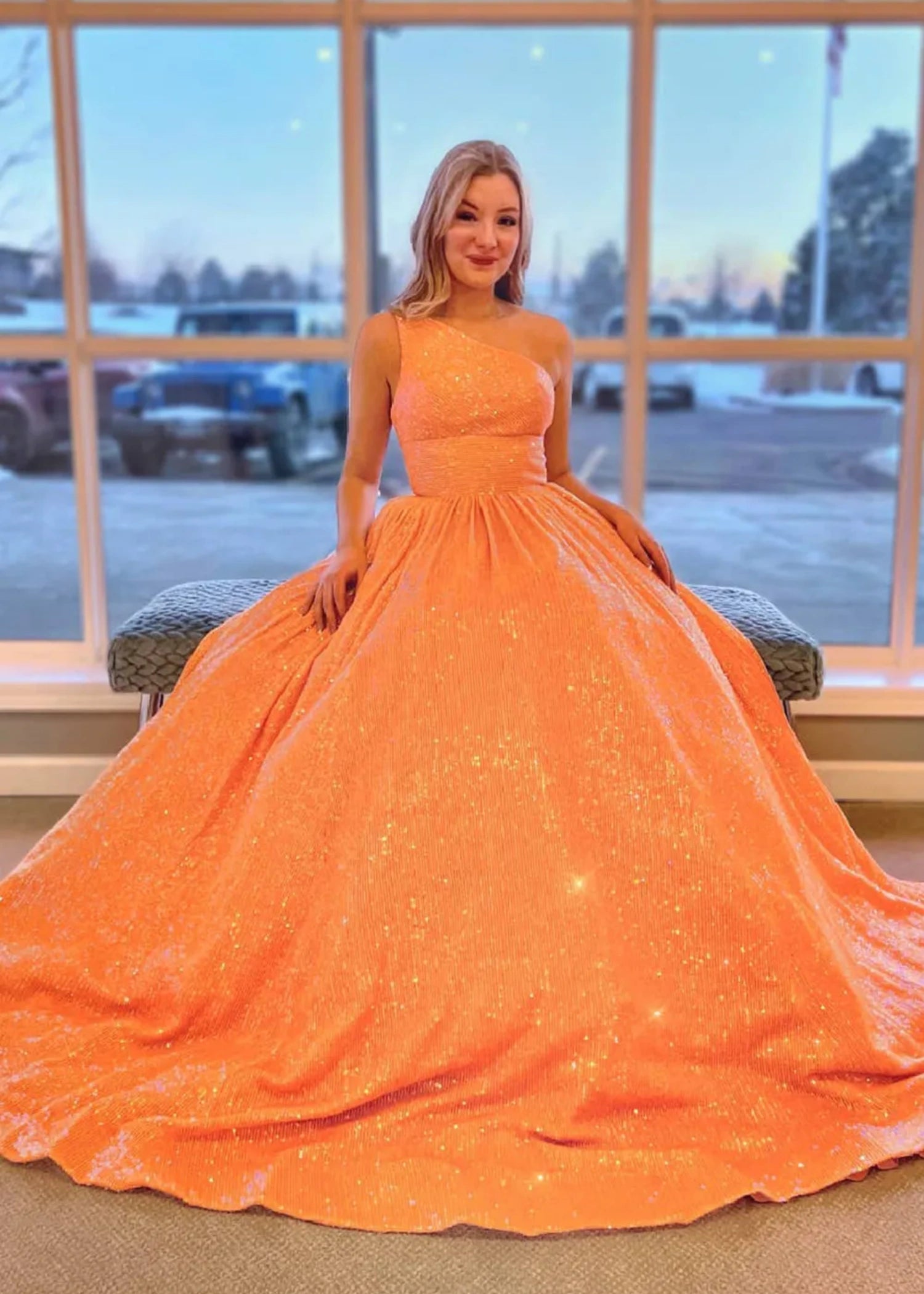 Christie |A - Line Sparkly One Shoulder Sequins Blue Plus Size Long Prom Dress - Orange - US0 - PromDressClub