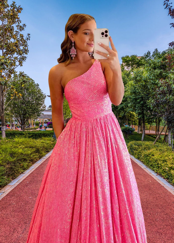 Christie | A Line/Princess Plus Size Orange Seuquin Backless One Shoulder Prom Dress - Hot Pink - PromDressClub