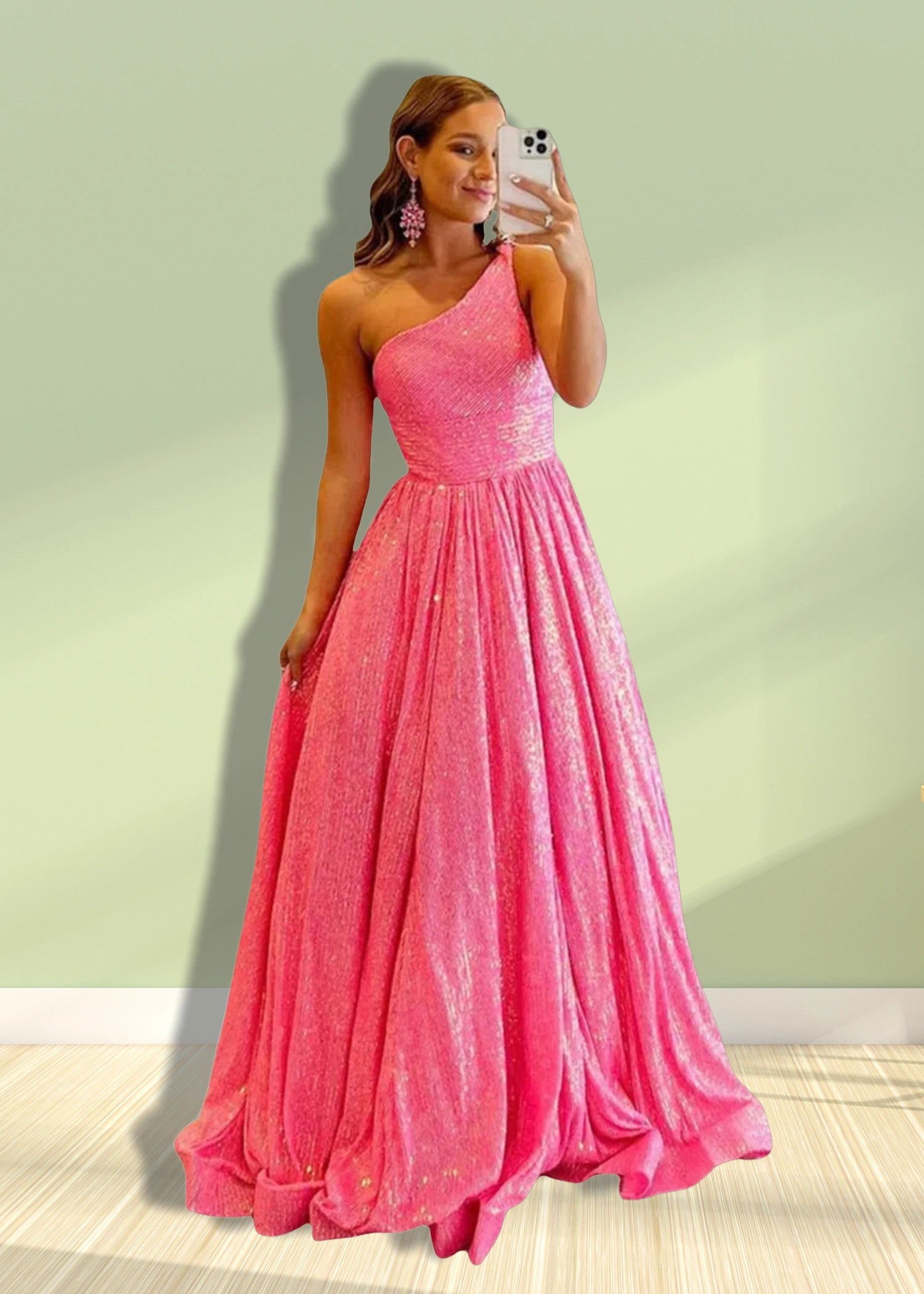 Christie |A - Line Sparkly One Shoulder Sequins Blue Plus Size Long Prom Dress - Pink - US0 - PromDressClub