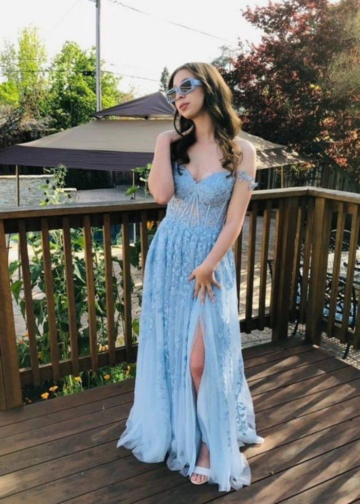 Genevieve | Pink Black Lace Floral A Line Tulle Prom Dress with slit - Light Blue - PromDressClub
