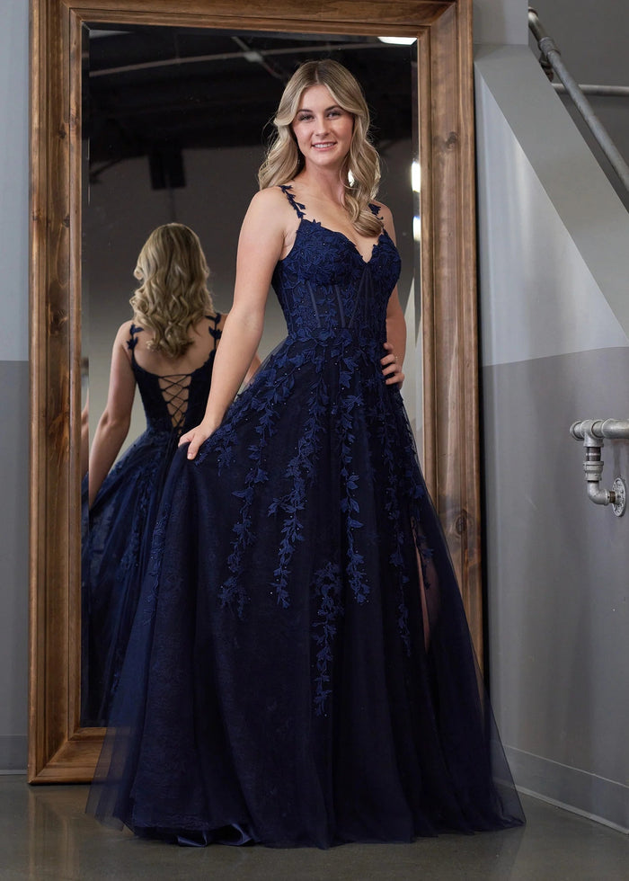 Genevieve | Pink Black Lace Floral A Line Tulle Prom Dress with slit - Dark Navy - PromDressClub