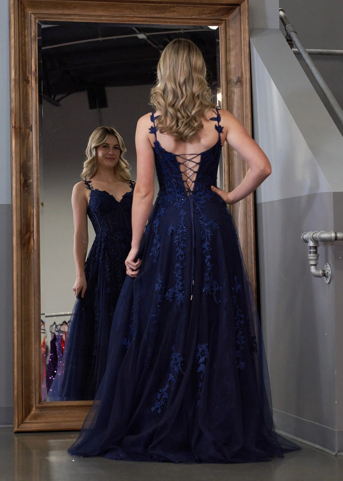 Genevieve | Pink Black Lace Floral A Line Tulle Prom Dress with slit - Dark Navy - PromDressClub