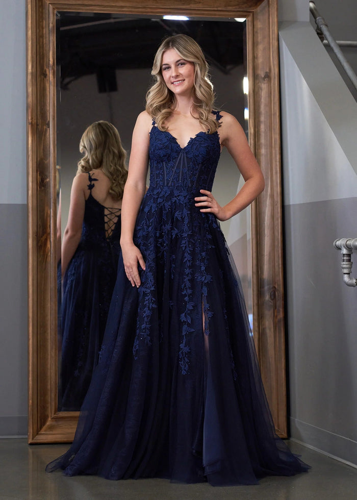 Genevieve | Pink Black Lace Floral A Line Tulle Prom Dress with slit - Dark Navy - PromDressClub