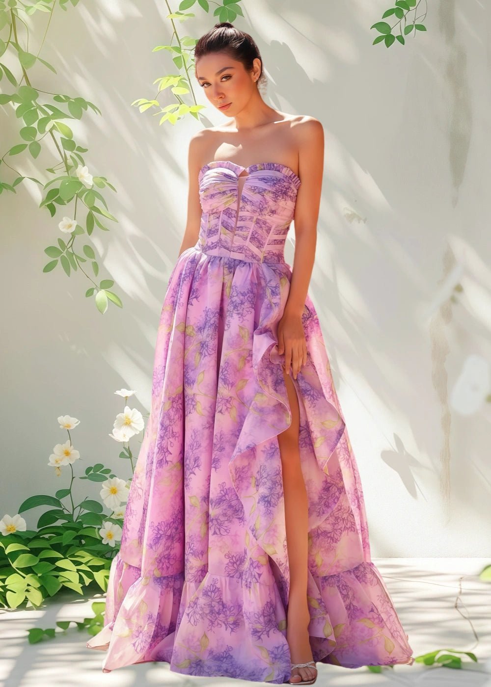 Ada | Lilac Floral Starpless Corset Detachable Sleeve Formal Dress - Lilac Floral - PromDressClub
