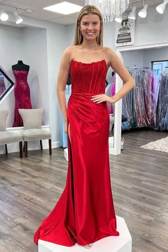 Adela | Mermaid Lace Black Strapless Corset Prom Dress with Slit and Train - Red - PromDressClub