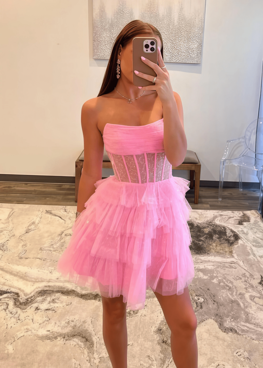Adeline | Stylish A Line Black Mini Strapless Corset Homecoming Dress with Ruffles – Sparkling Short Strapless Party Gown - Light Pink - PromDressClub