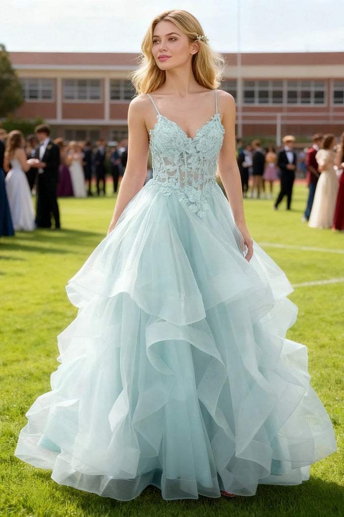 Aetherium Light Blue Lace Corset Prom Dress | A - Line Sweetheart Neckline Rhinestones Ruffle Floor Length Dress - US0 - PromDressClub