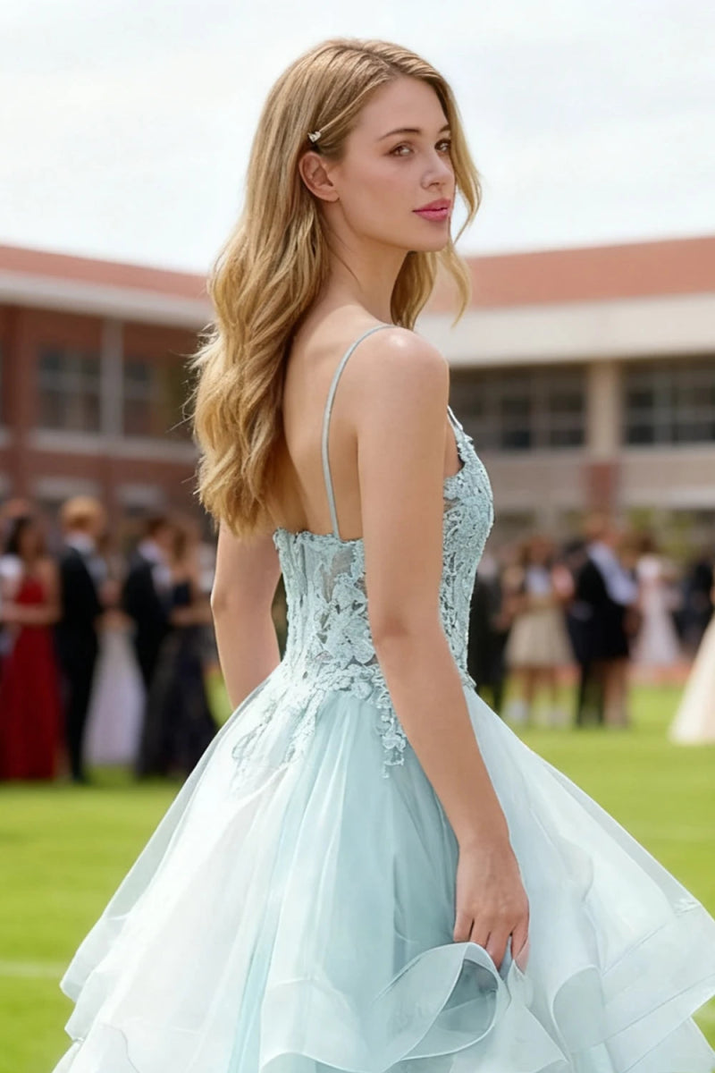Aetherium Light Blue Lace Corset Prom Dress | A - Line Sweetheart Neckline Rhinestones Ruffle Floor Length Dress - US0 - PromDressClub