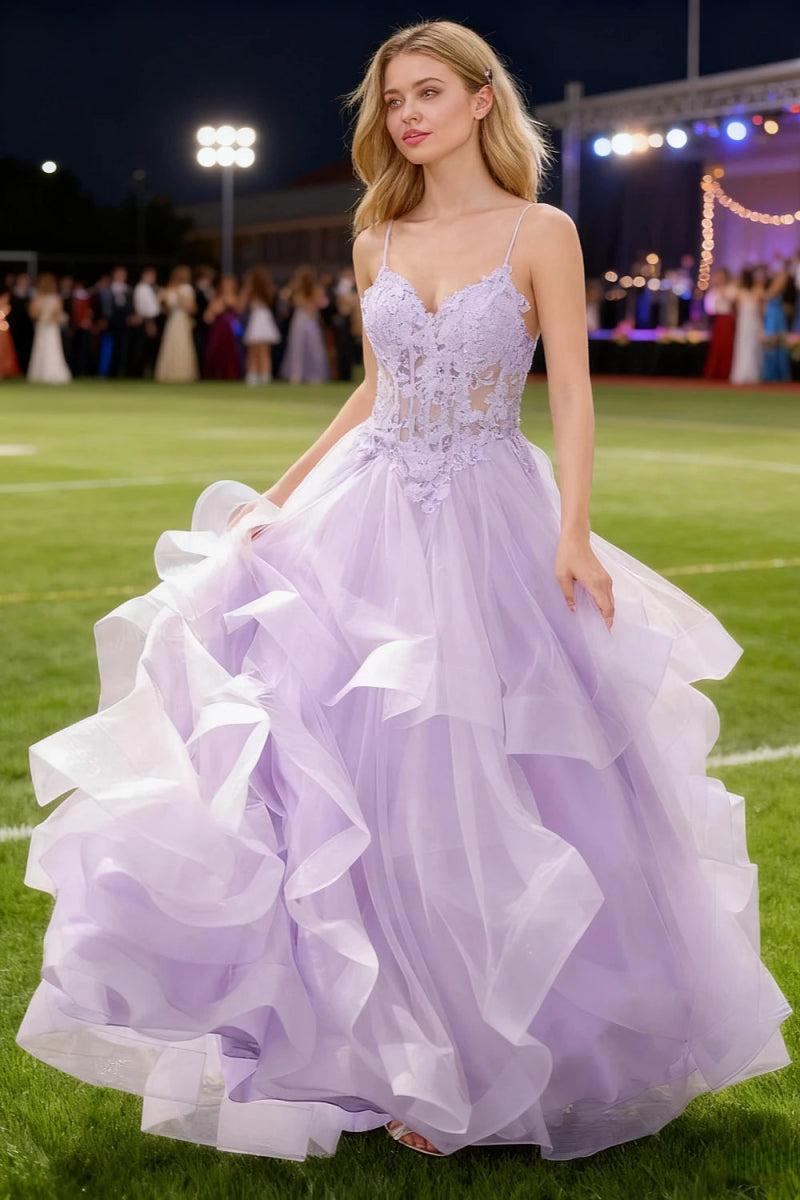 Aetherium Lilac Lace Corset Prom Dress | A - Line Sweetheart Neckline Rhinestones Ruffle Floor Length Dress - US0 - PromDressClub