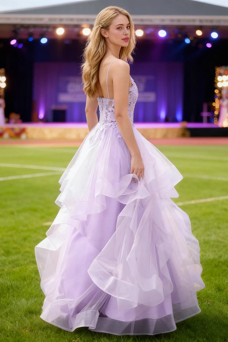 Aetherium Lilac Lace Corset Prom Dress | A - Line Sweetheart Neckline Rhinestones Ruffle Floor Length Dress - US0 - PromDressClub