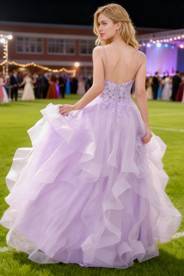 Aetherium Lilac Lace Corset Prom Dress | A - Line Sweetheart Neckline Rhinestones Ruffle Floor Length Dress - US0 - PromDressClub