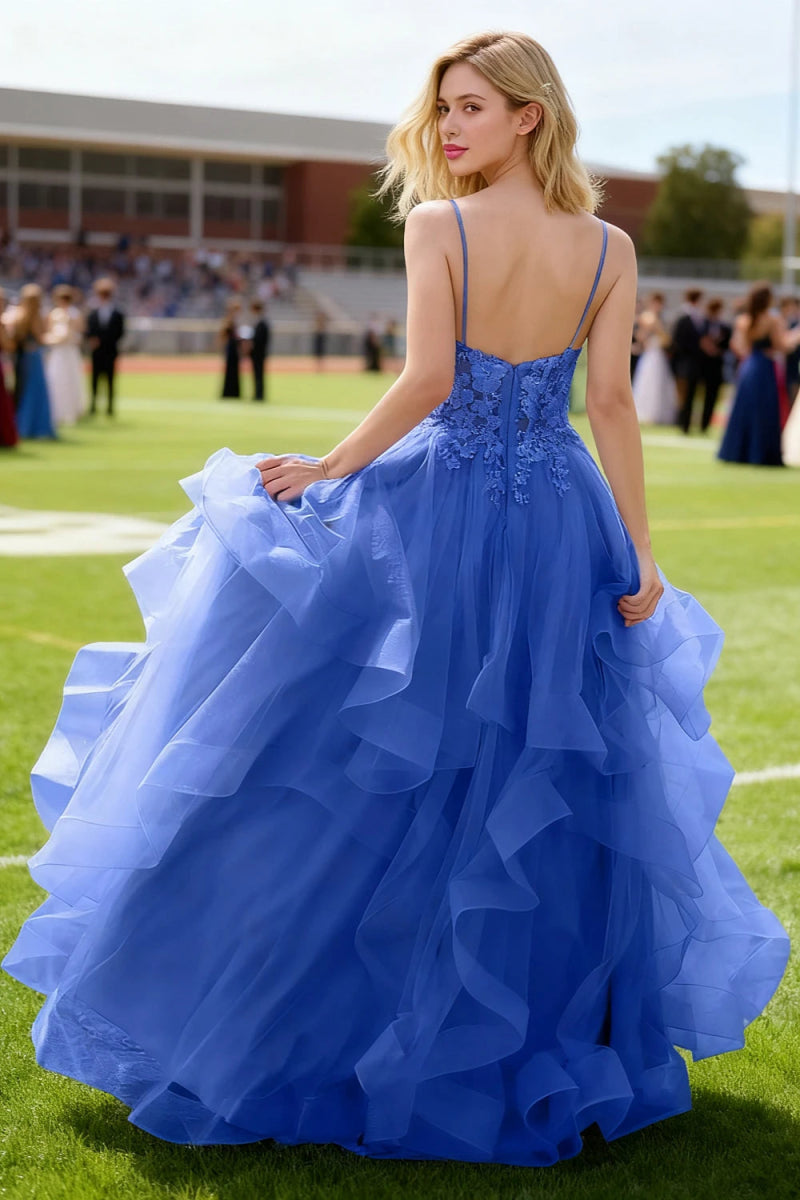 Aetherium Royal Blue Lace Corset Prom Dress | A - Line Sweetheart Neckline Rhinestones Ruffle Floor Length Dress - US0 - PromDressClub