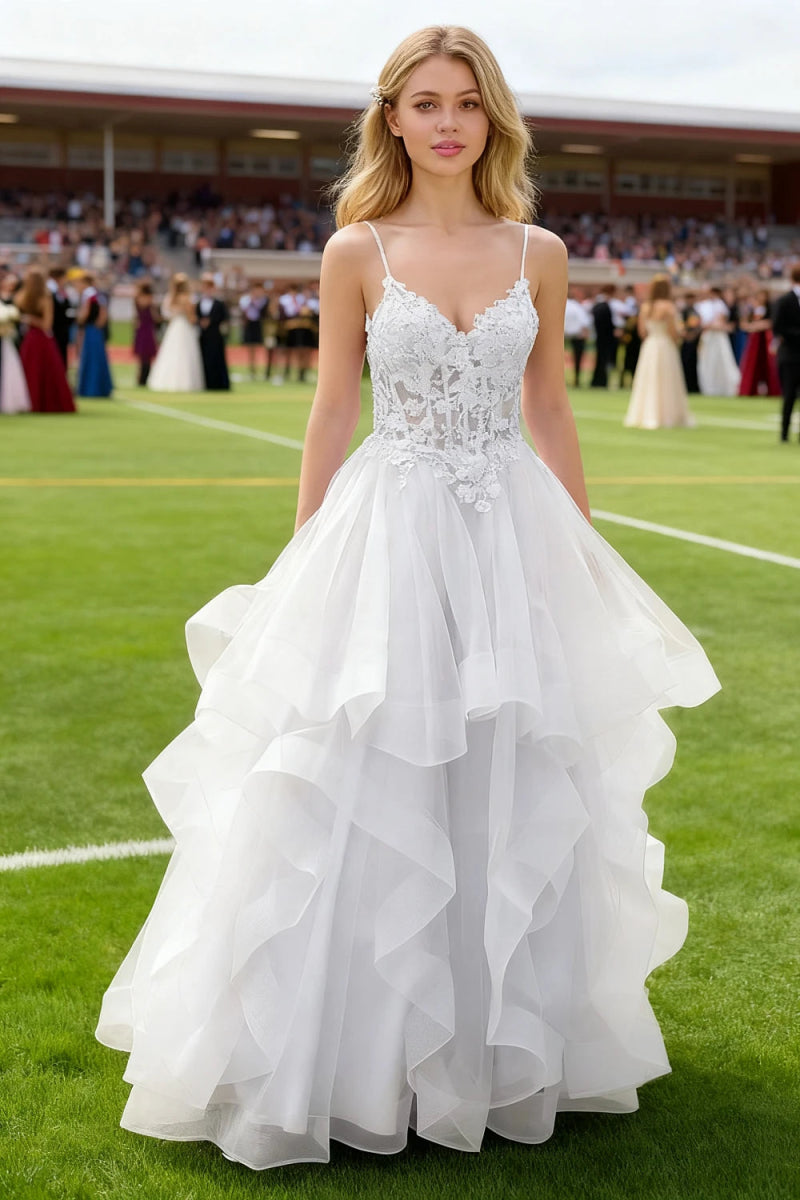 Aetherium White Lace Corset Prom Dress | A - Line Sweetheart Neckline Rhinestones Ruffle Floor Length Dress - US0 - PromDressClub