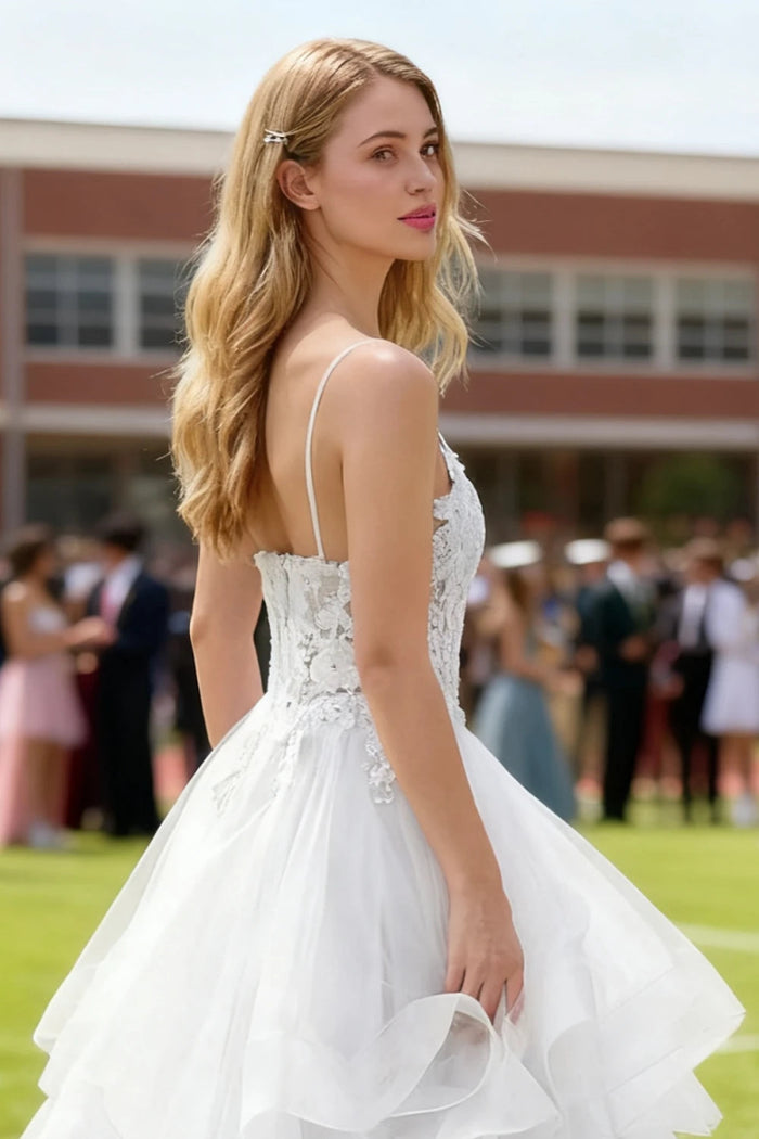 Aetherium White Lace Corset Prom Dress | A - Line Sweetheart Neckline Rhinestones Ruffle Floor Length Dress - US0 - PromDressClub