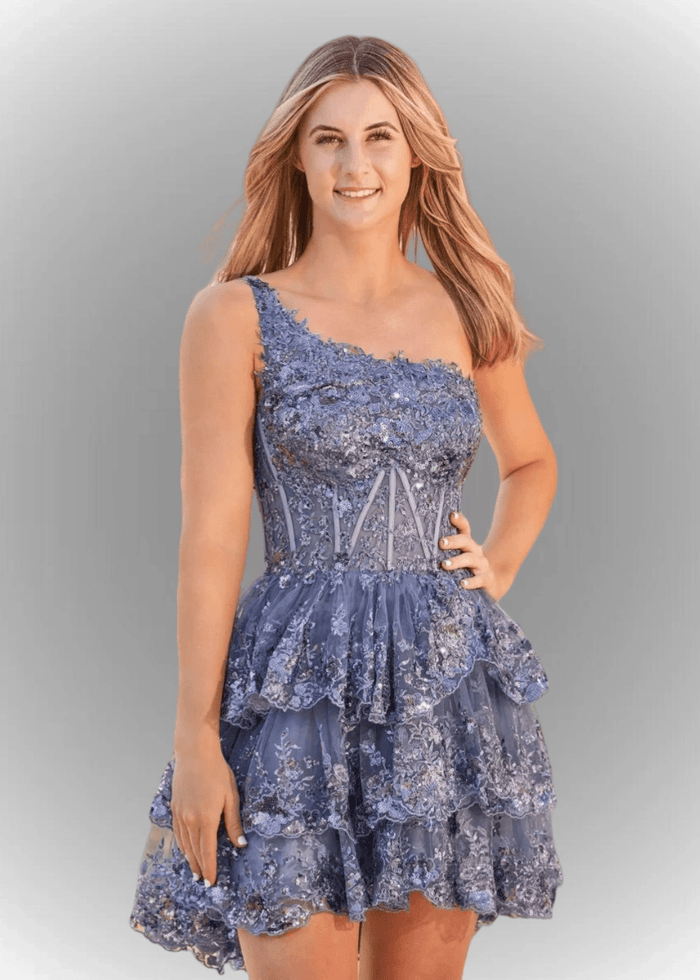 Agatha | A Line Balck One Shoulder Black Sequin Homecoming Dress with Ruffles - Grey Blue - PromDressClub