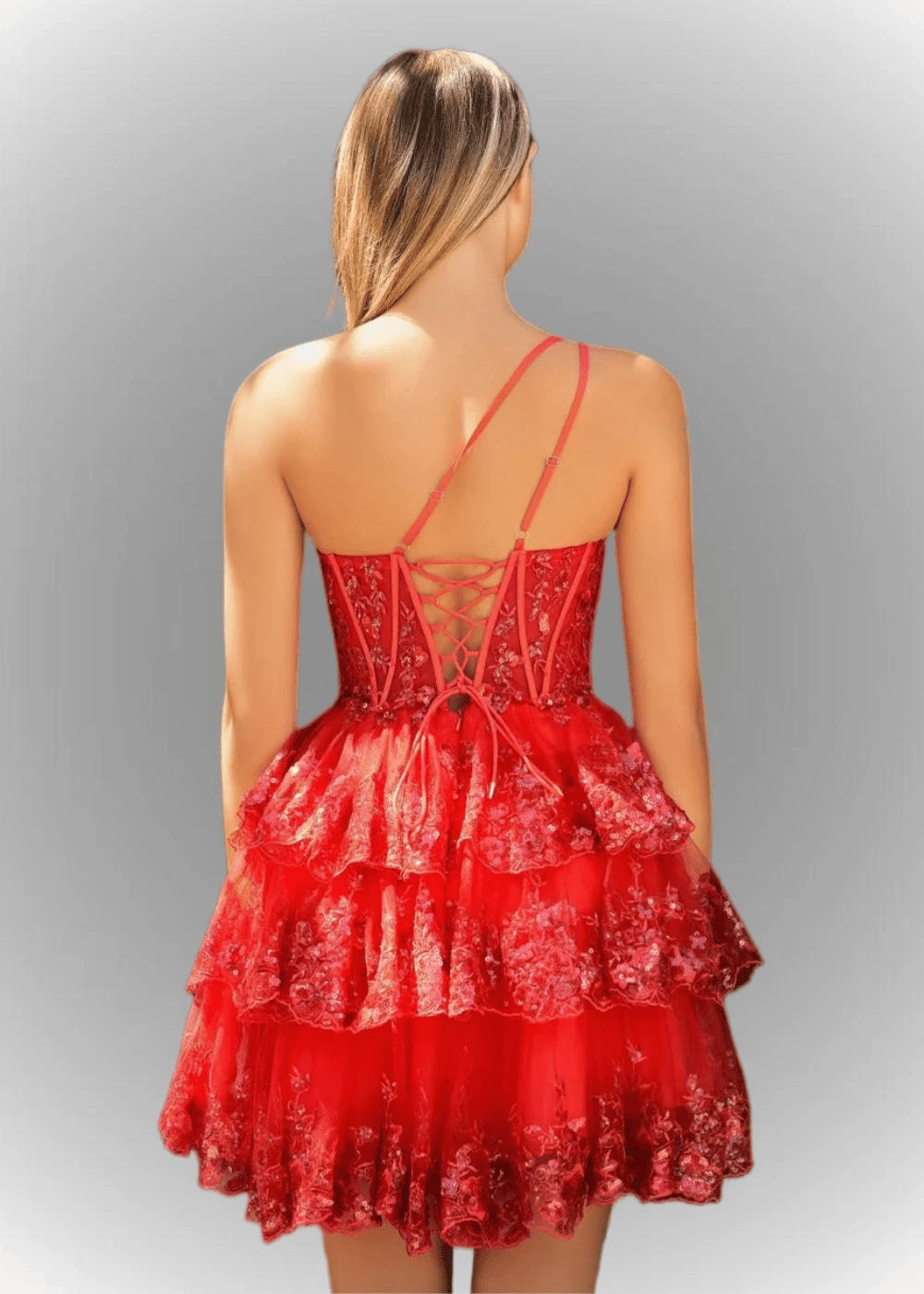 Agatha | A Line Balck One Shoulder Black Sequin Homecoming Dress with Ruffles - Red - PromDressClub