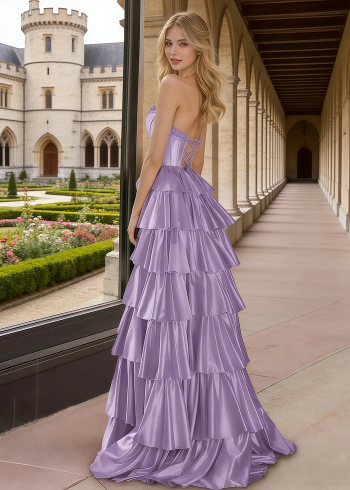 Aila Lavender Satin Corset Prom Dress with Ruffles | A - Line Strapless Beaded Tiered Formal Dress with Slit - Lavender - PromDressClub