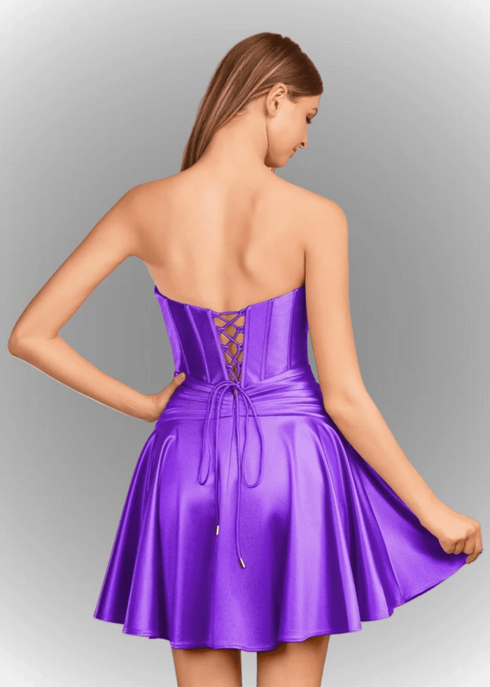 Alana | A Line Fuchsia Satin Strapless Ruched Homecoming Dress with Keyhole - Purple - PromDressClub
