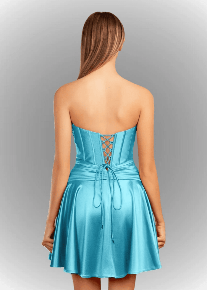 Alana | A Line Fuchsia Satin Strapless Ruched Homecoming Dress with Keyhole - Sky Blue - PromDressClub