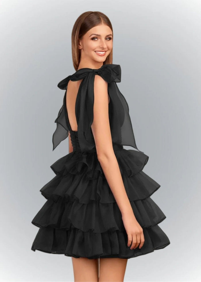 Alessia | Sexy A Line Royal Blue Tiered Ruffle Homecoming Dress with Bow - Black - PromDressClub