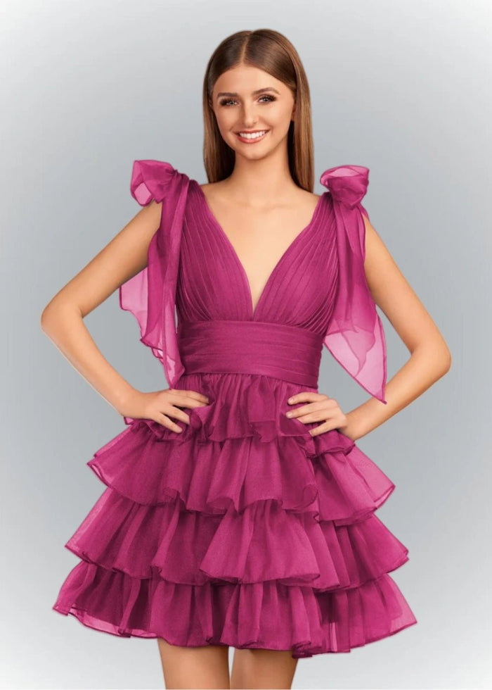 Alessia | Sexy A Line Royal Blue Tiered Ruffle Homecoming Dress with Bow - Fuchsia - PromDressClub