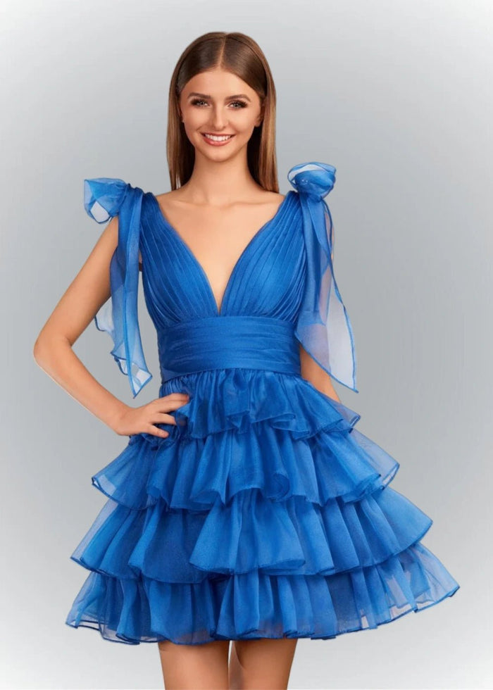 Alessia | Sexy A Line Royal Blue Tiered Ruffle Homecoming Dress with Bow - Royal Blue - PromDressClub
