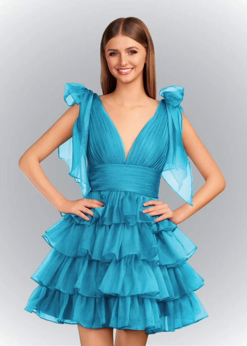 Alessia | Sexy A Line Royal Blue Tiered Ruffle Homecoming Dress with Bow - Turquoise - PromDressClub