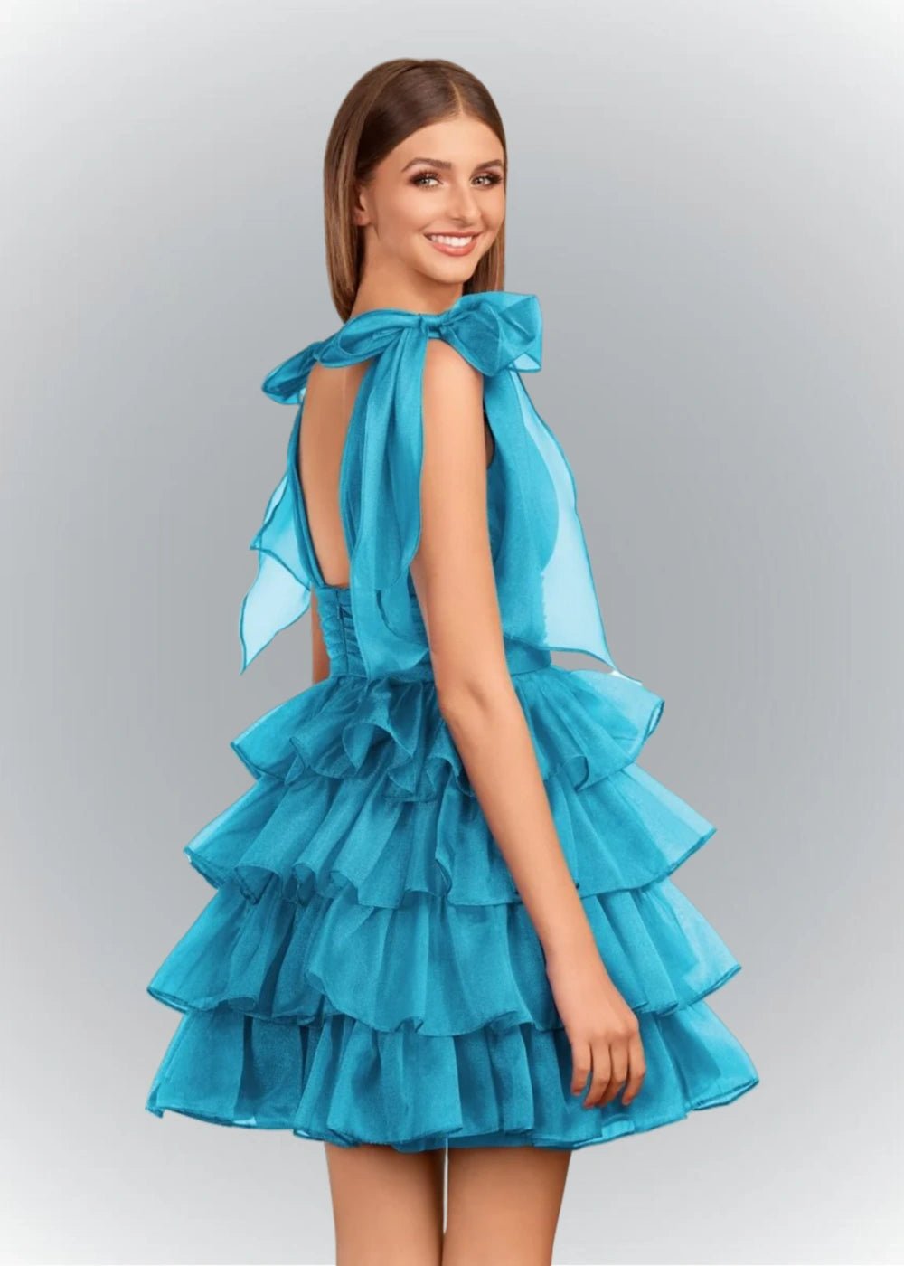 Alessia | Sexy A Line Royal Blue Tiered Ruffle Homecoming Dress with Bow - Turquoise - PromDressClub